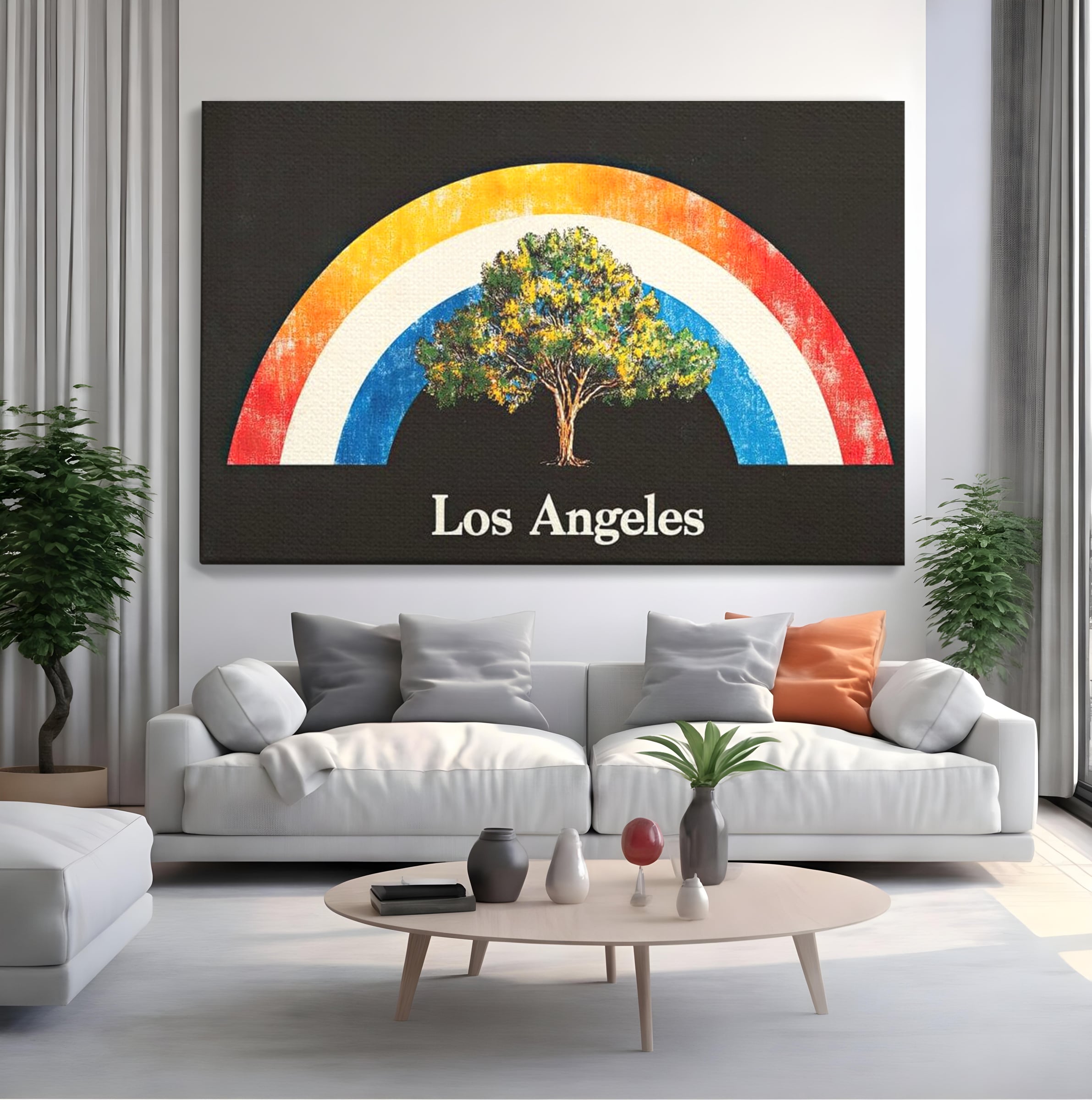 Tablou canvas cu tablou canvas cu curcubeu si copac, fara rama, pe sasiu de lemn, pe perete intr-un living